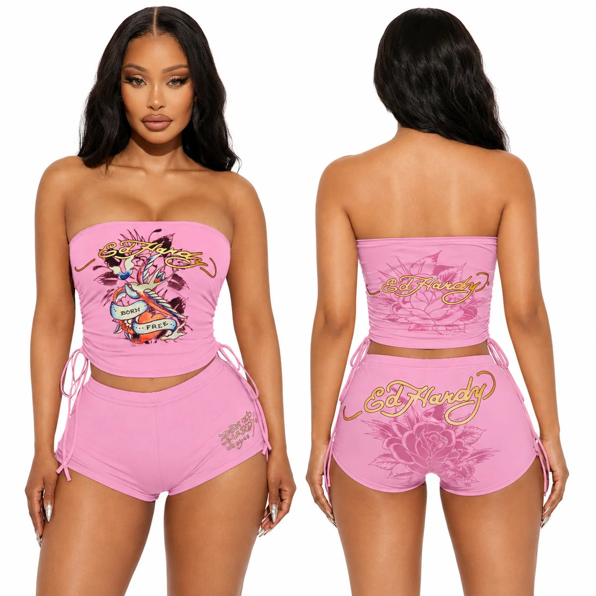 English: Women 2 Piece Y2K Outfits Vintage Tattoo Graphic Strapless Tube Top High Cut Shorts Set Adjustable Drawstring Ruched Crop Top Casual Going Out Tracksuit