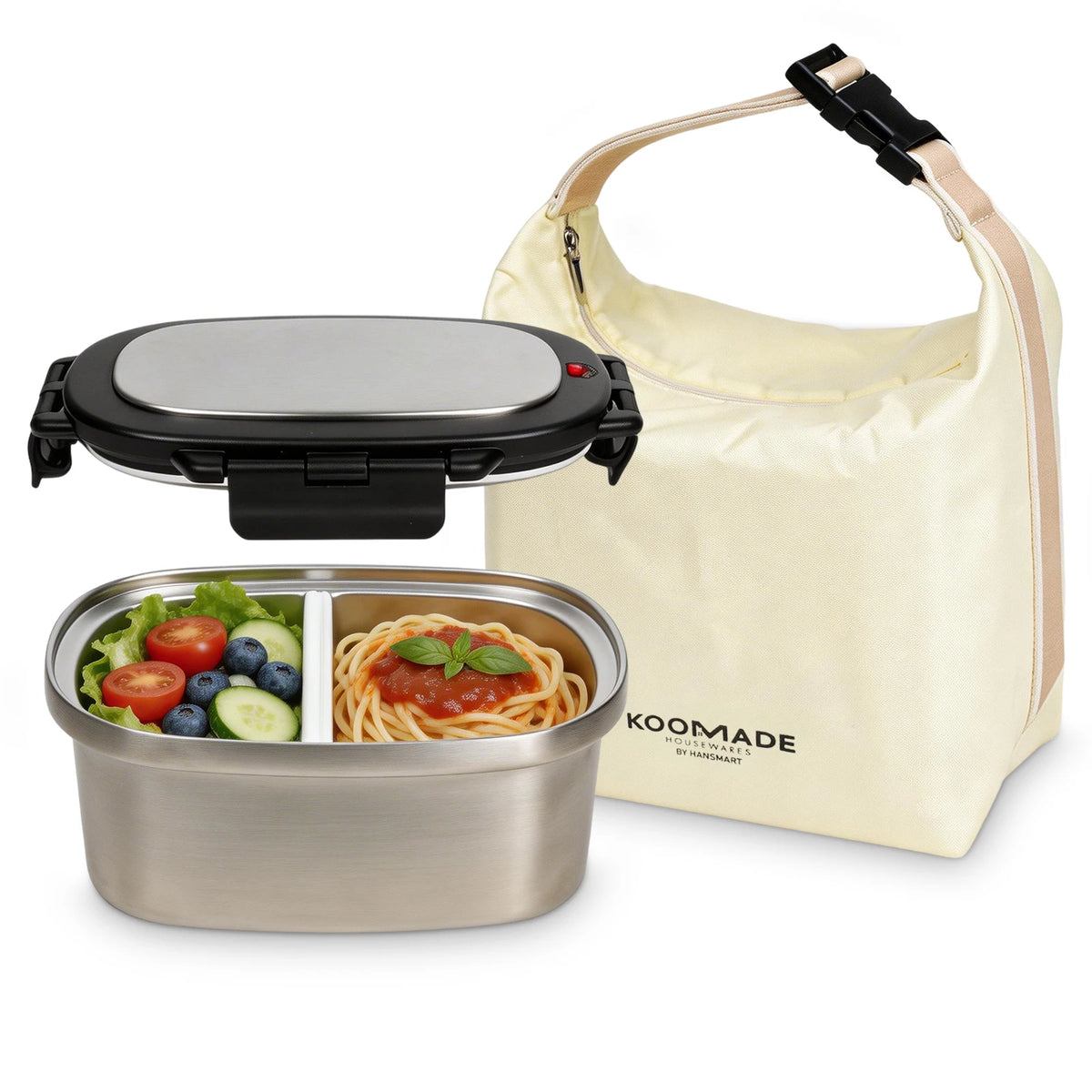 KOOMADE Vacuum Insulated Lunch Box with Thermal Bag 304 Stainless Steel Leakproof Divided Bento Box Keep Warm 4H Cold 8H Portable Food Container for Office Picnic
