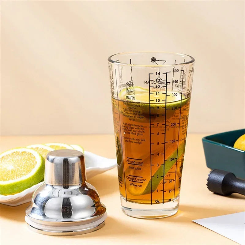 400/600ML Glass Cocktail Shaker Hand Shaker Cup with Scales Lemon Milk Tea Shaker Cup Stainless steel Lid Wine Drink Mixer Bar