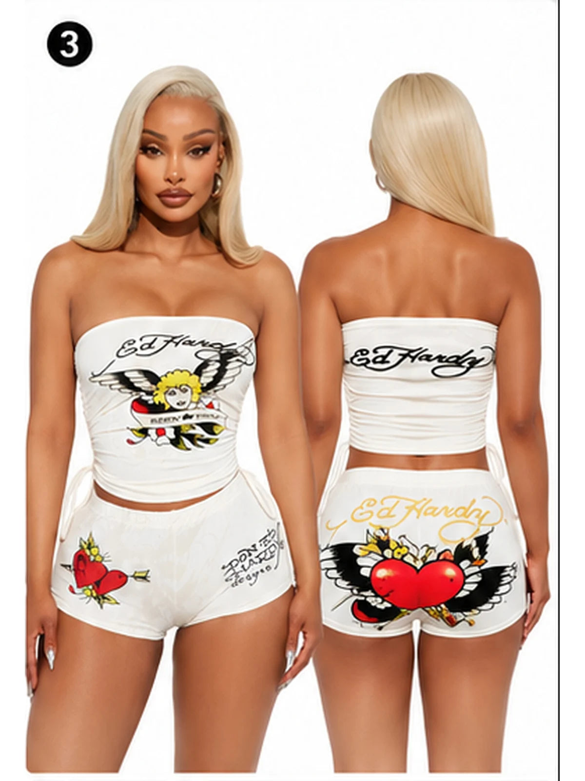 English: Women 2 Piece Y2K Outfits Vintage Tattoo Graphic Strapless Tube Top High Cut Shorts Set Adjustable Drawstring Ruched Crop Top Casual Going Out Tracksuit