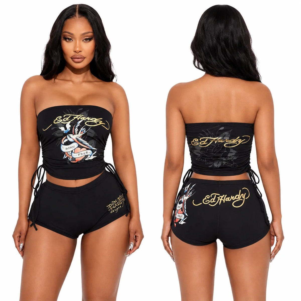English: Women 2 Piece Y2K Outfits Vintage Tattoo Graphic Strapless Tube Top High Cut Shorts Set Adjustable Drawstring Ruched Crop Top Casual Going Out Tracksuit
