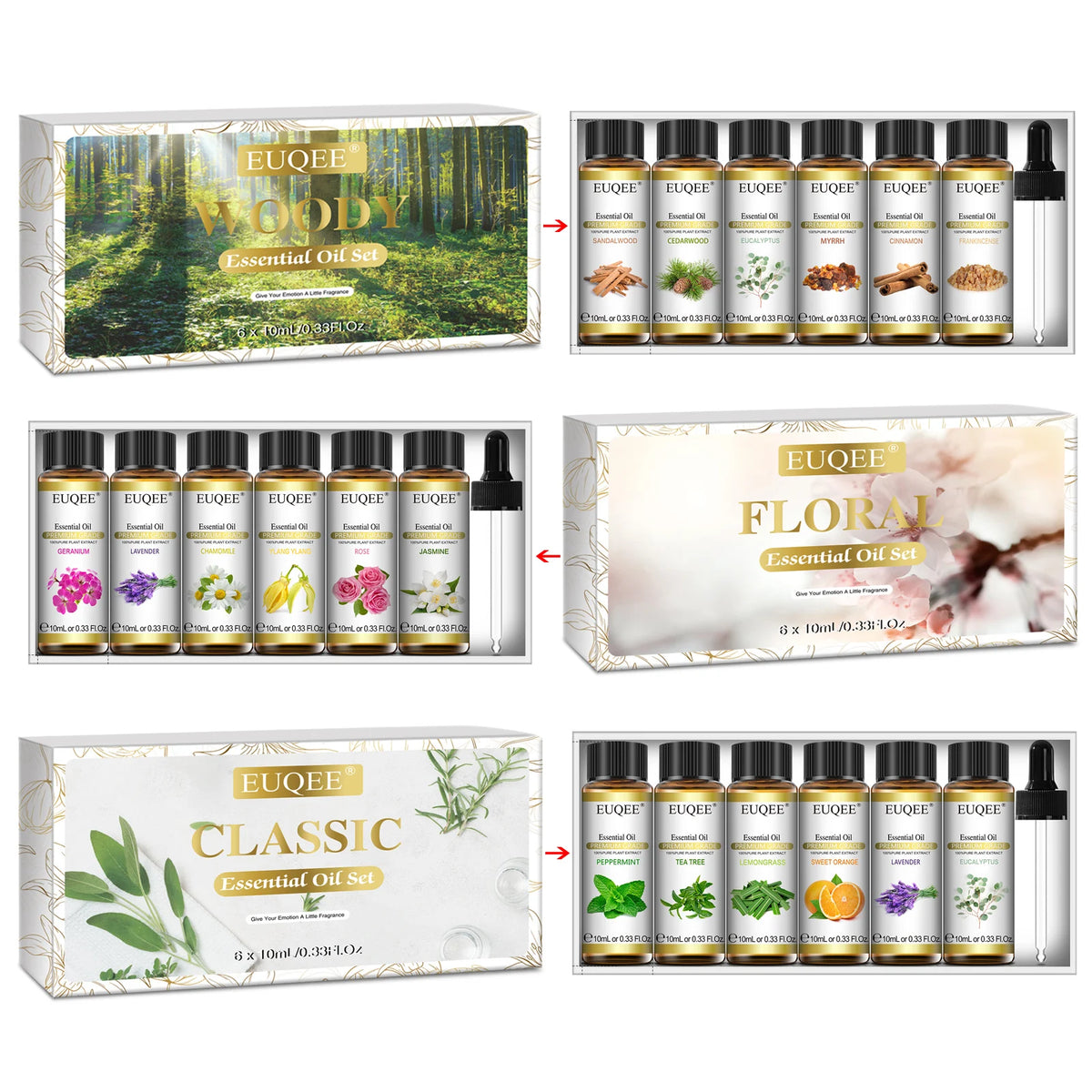EUQEE 6 Bottles Essential Oil Set 10ml Natural Aromatherapy Oils For Diffuser,Humidifier,Car Diffusion,Candle & Soap Making