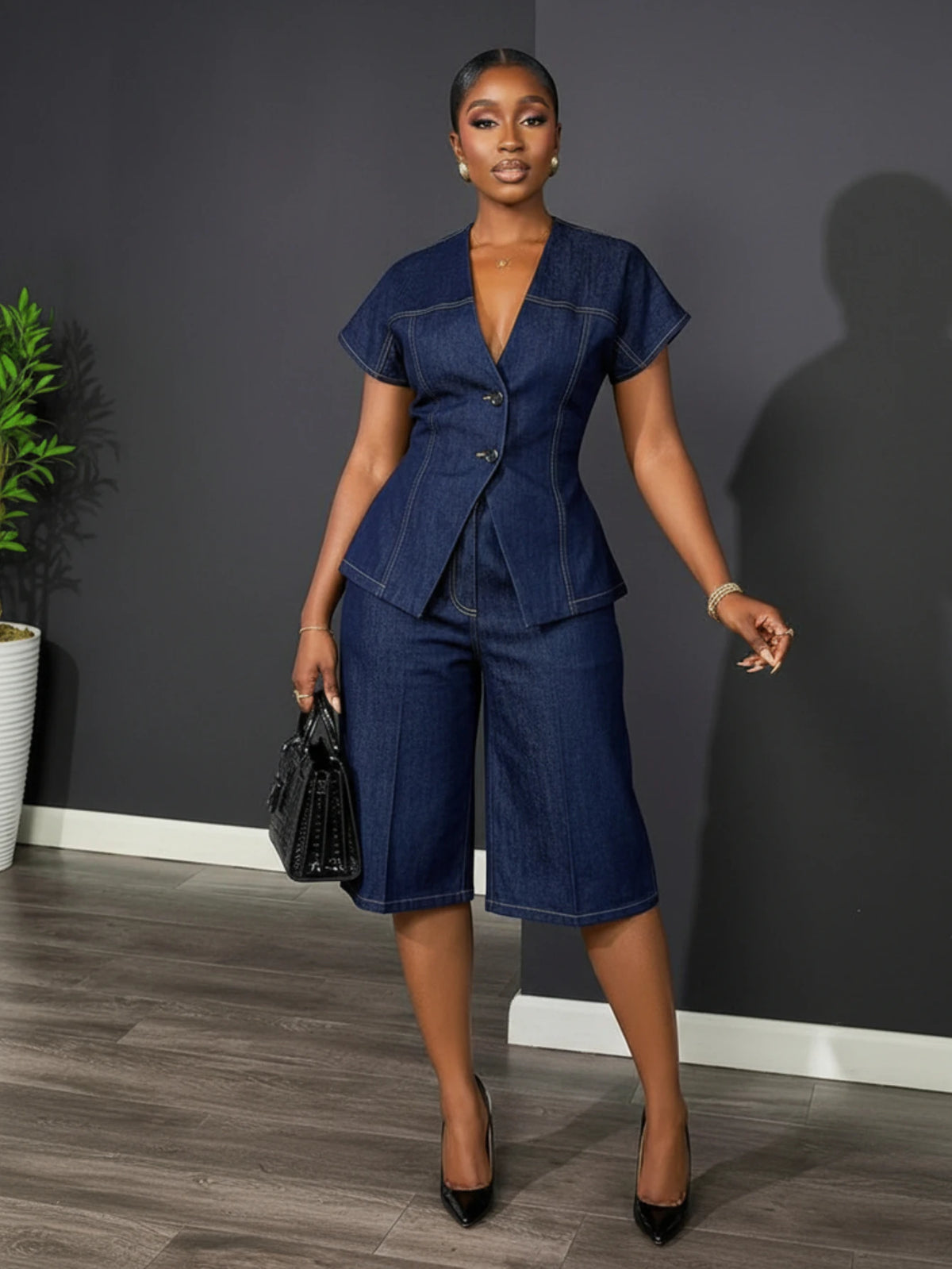 Women V Neck Short Sleeve Blazer + High Waist Capri Pants Set Button Front Tailored For Formal Business Party Occasion