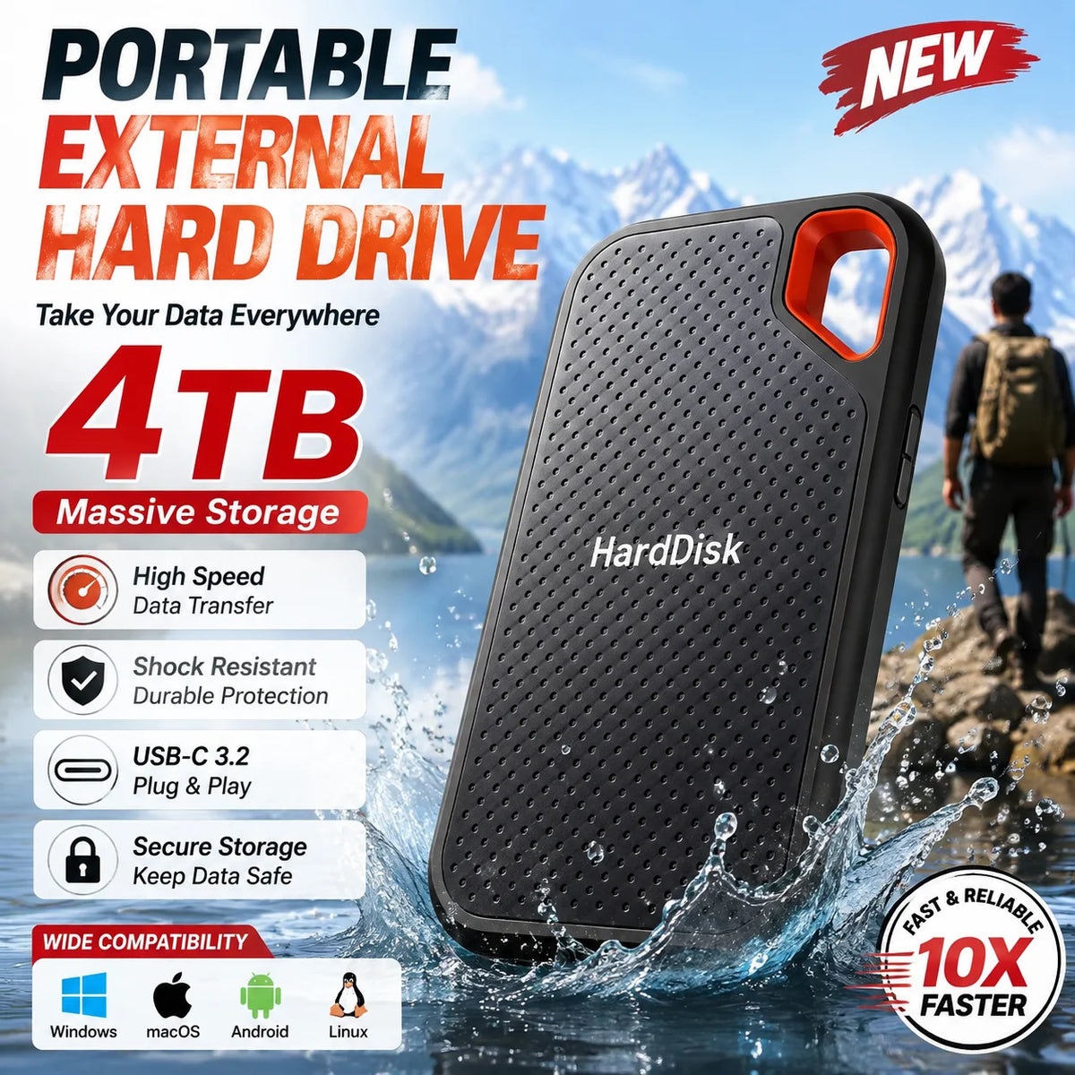 2TB Portable SSD External Solid State Drive USB-C Fast Storage Device for Laptop Mac PC Phone Backup Data