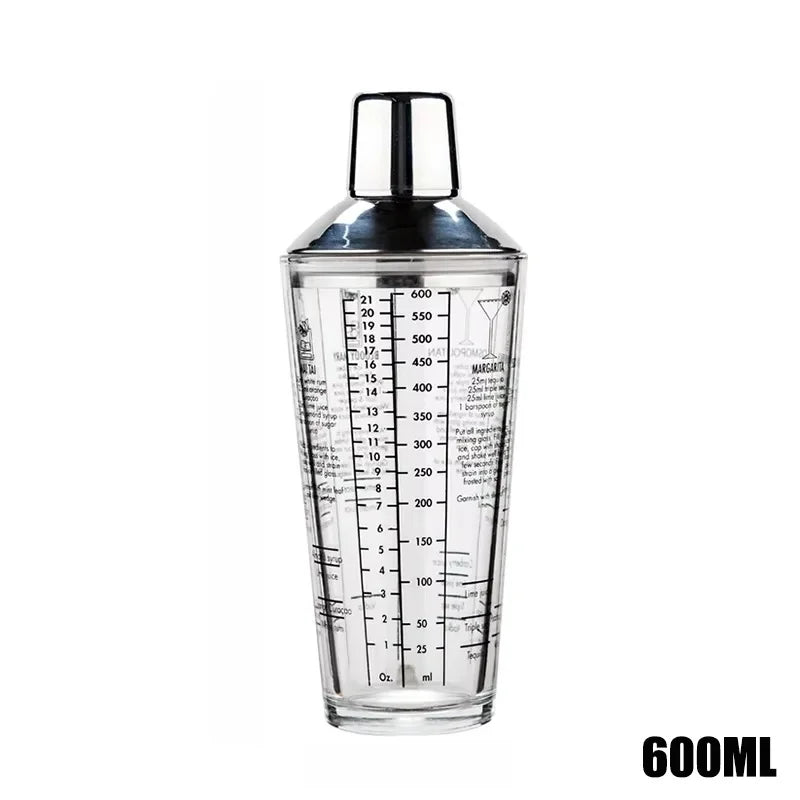 400/600ML Glass Cocktail Shaker Hand Shaker Cup with Scales Lemon Milk Tea Shaker Cup Stainless steel Lid Wine Drink Mixer Bar