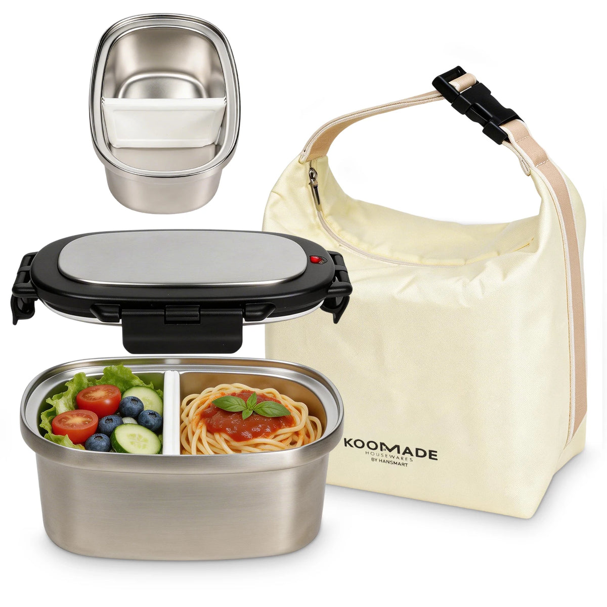 KOOMADE Vacuum Insulated Lunch Box with Thermal Bag 304 Stainless Steel Leakproof Divided Bento Box Keep Warm 4H Cold 8H Portable Food Container for Office Picnic