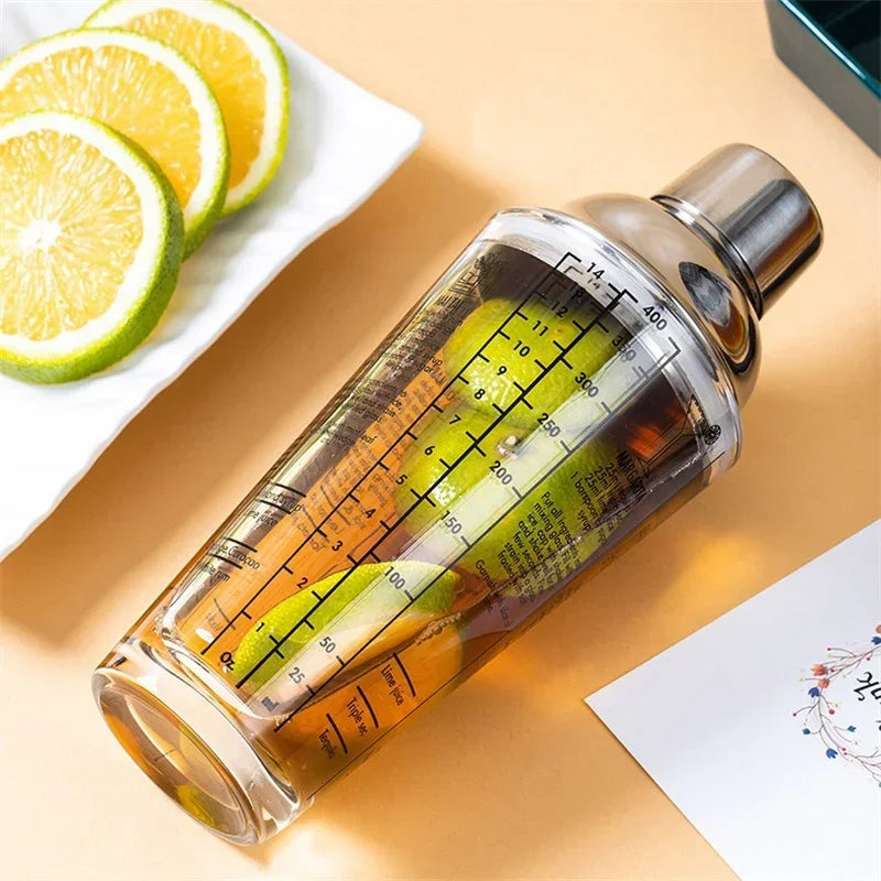400/600ML Glass Cocktail Shaker Hand Shaker Cup with Scales Lemon Milk Tea Shaker Cup Stainless steel Lid Wine Drink Mixer Bar