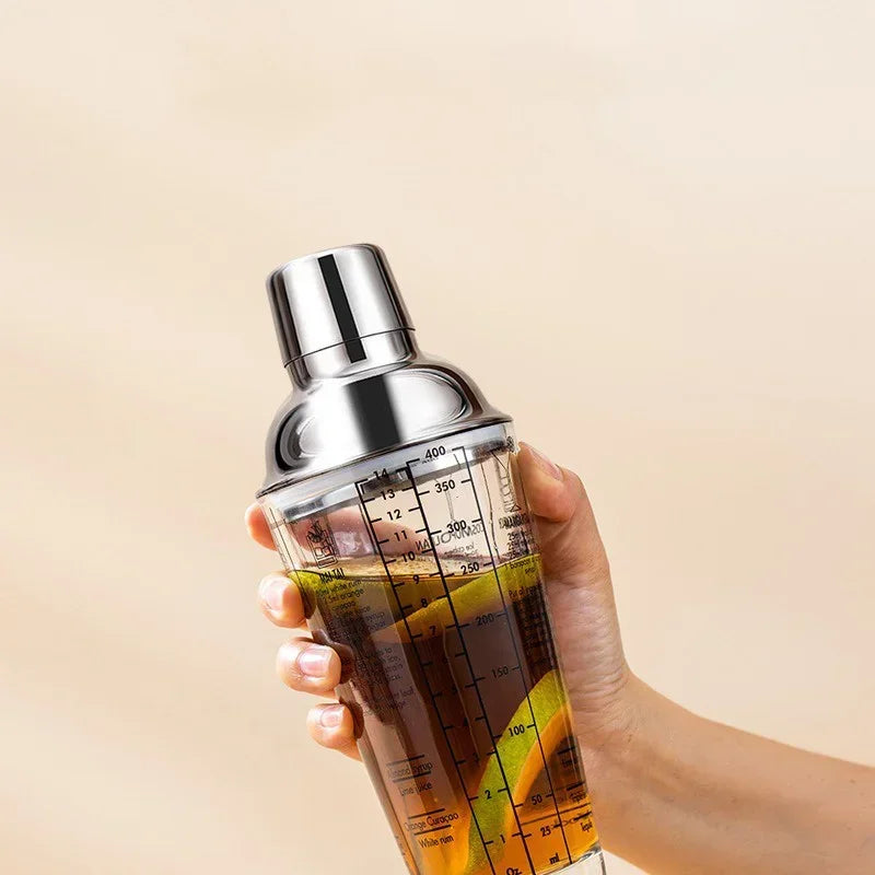 400/600ML Glass Cocktail Shaker Hand Shaker Cup with Scales Lemon Milk Tea Shaker Cup Stainless steel Lid Wine Drink Mixer Bar