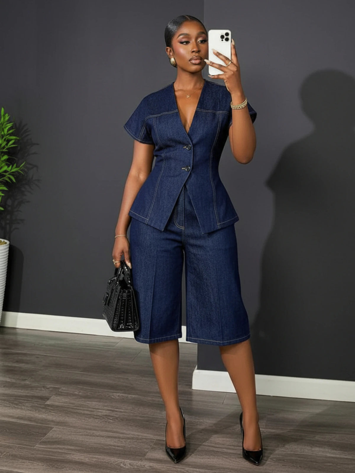 Women V Neck Short Sleeve Blazer + High Waist Capri Pants Set Button Front Tailored For Formal Business Party Occasion