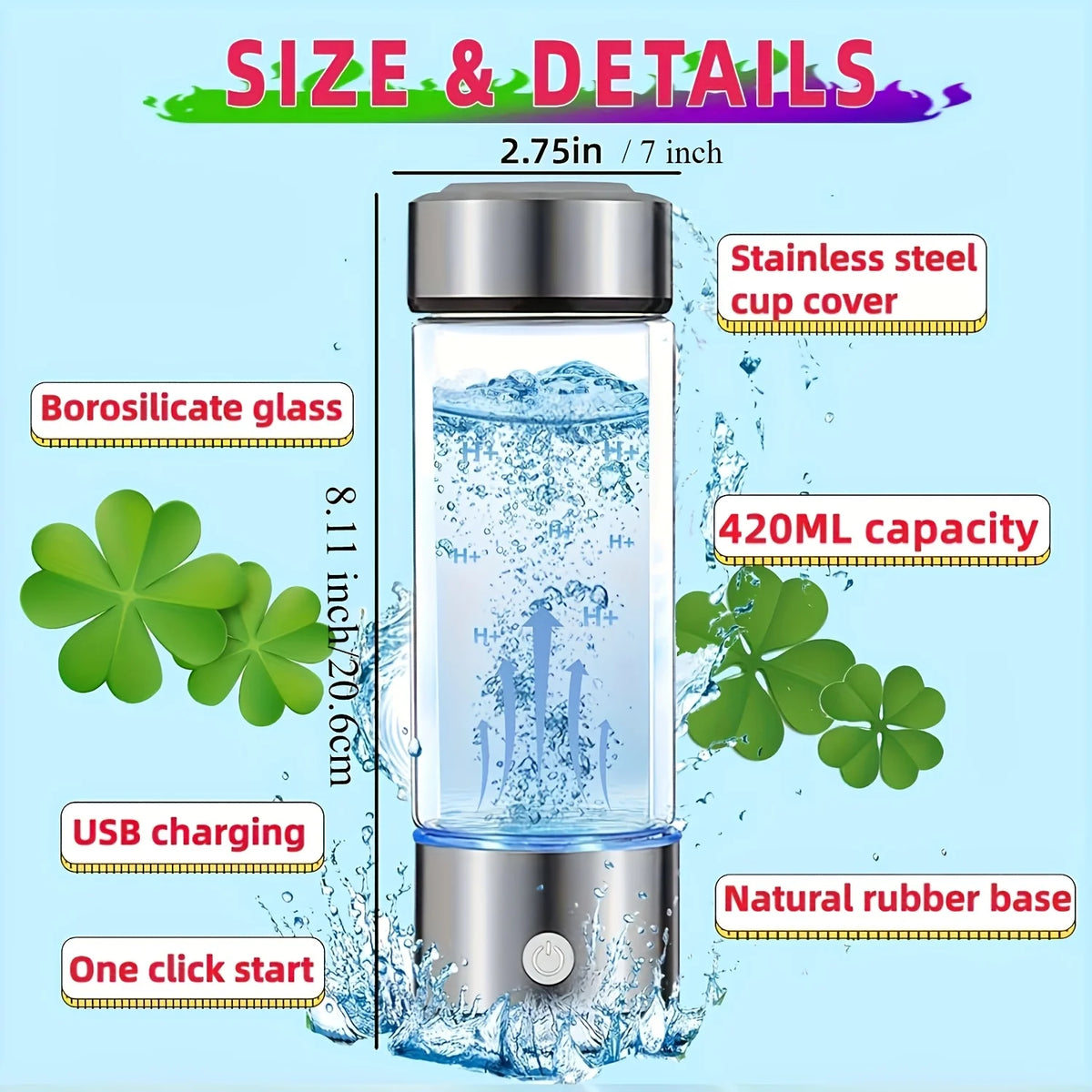 Smart Hydrogen Water Bottle Alkaline Stick Set Portable SPE PEM Ionizer with Filter Stainless Steel Mineral Purifier Home Office
