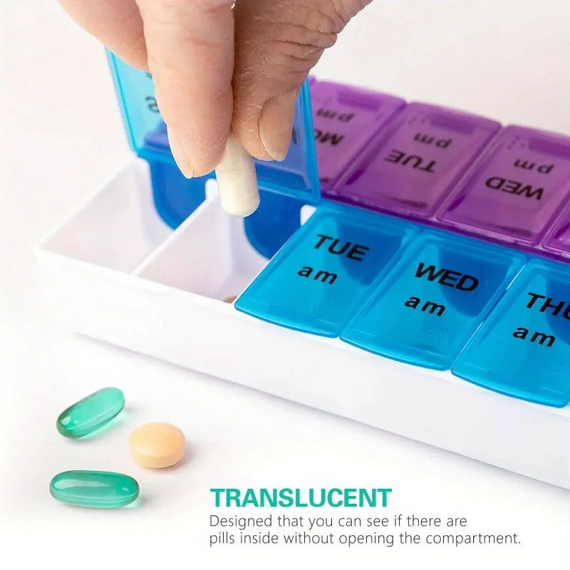 Weekly Pill Organizer - 14-Compartment Portable Medicine Box, 7-Day Double Row Pill Case for Daily Medication