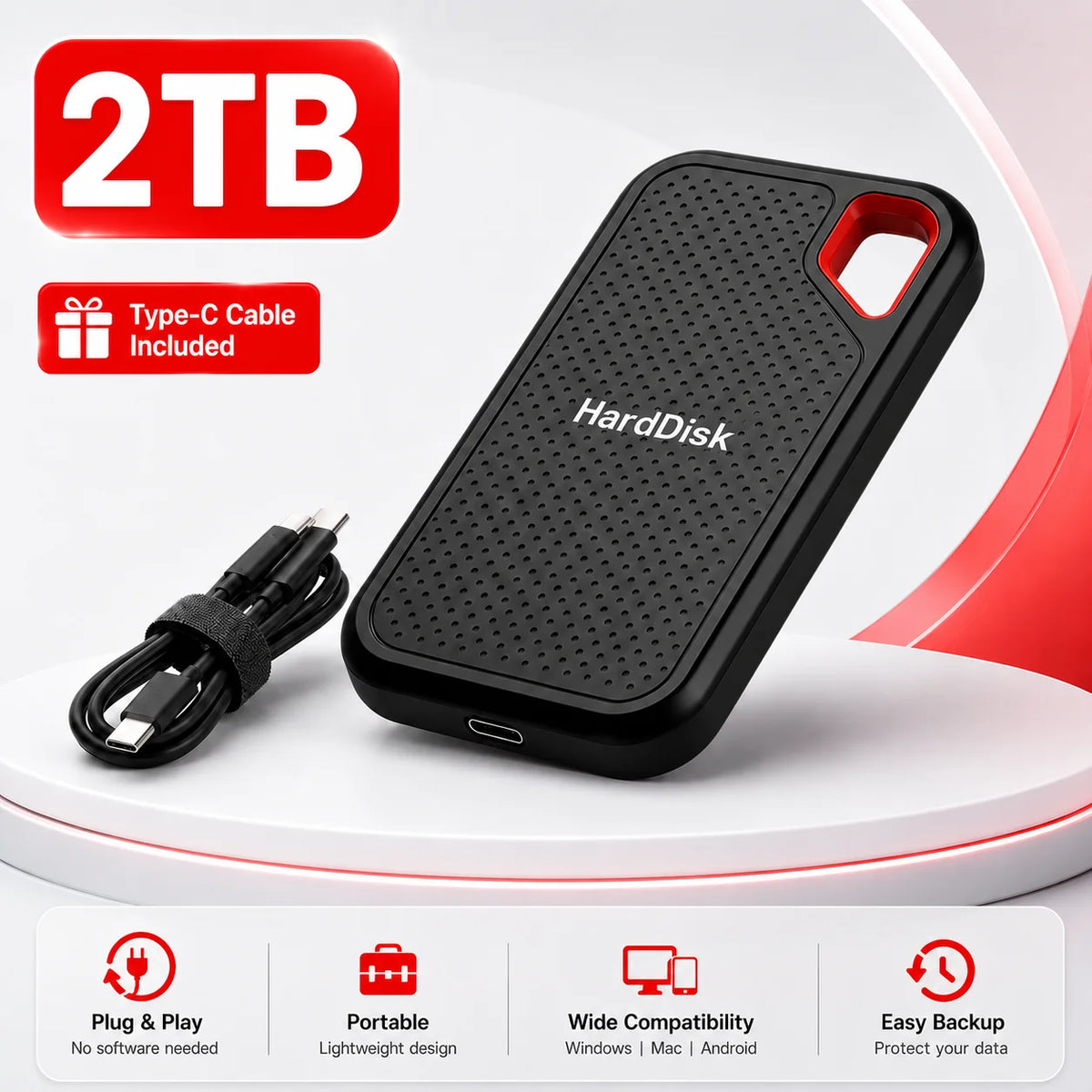 2TB Portable SSD External Solid State Drive USB-C Fast Storage Device for Laptop Mac PC Phone Backup Data
