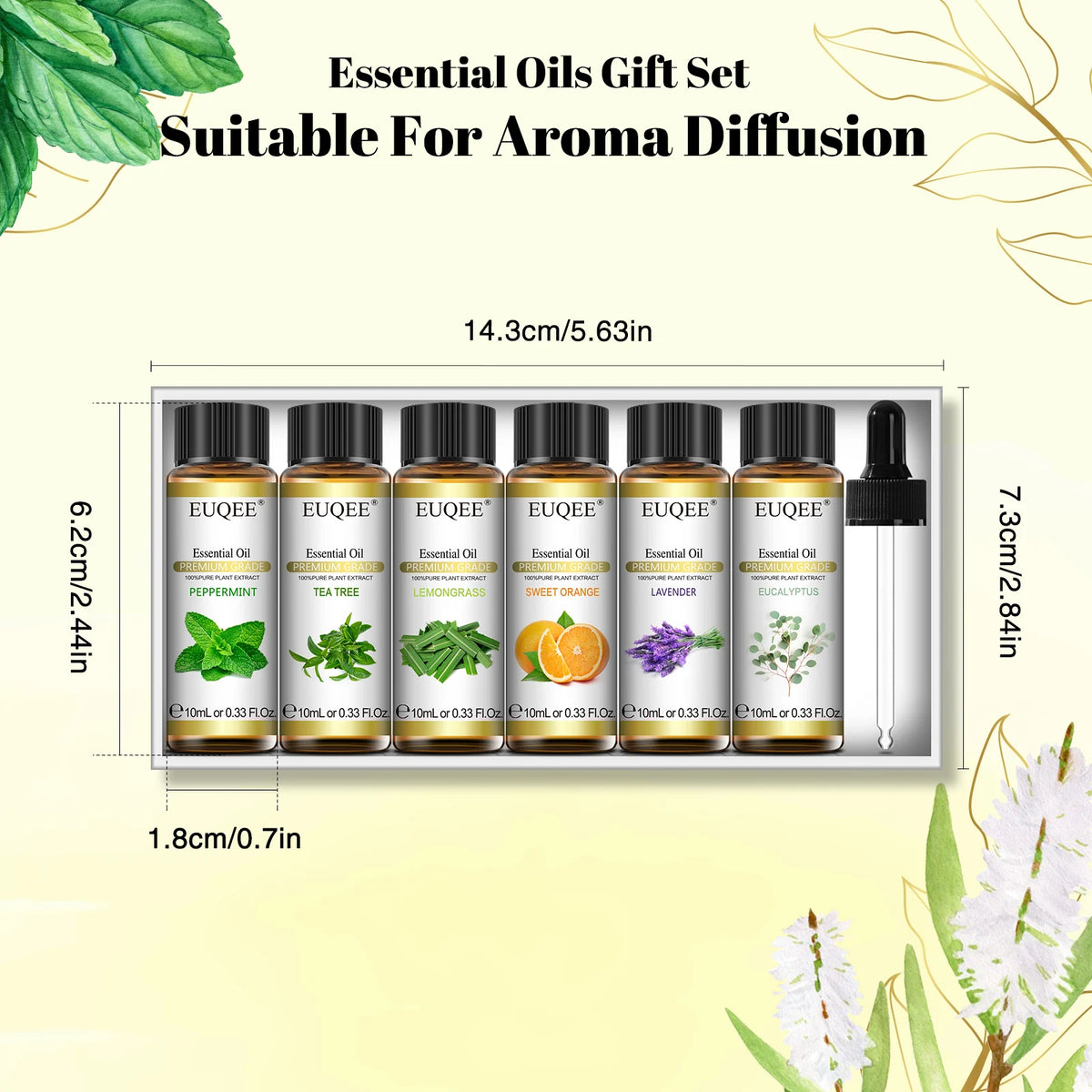 EUQEE 6 Bottles Essential Oil Set 10ml Natural Aromatherapy Oils For Diffuser,Humidifier,Car Diffusion,Candle & Soap Making