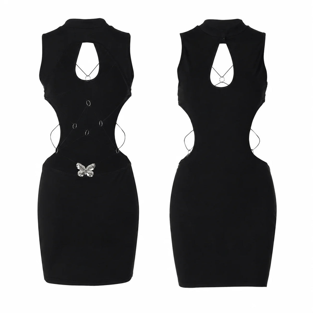 Women Bodycon Mini Dress High Neck Keyhole Cutout Sides Lace‑Up Back with Butterfly Charm Ruched Sleeveless Party Clubwear Nightout Dresses