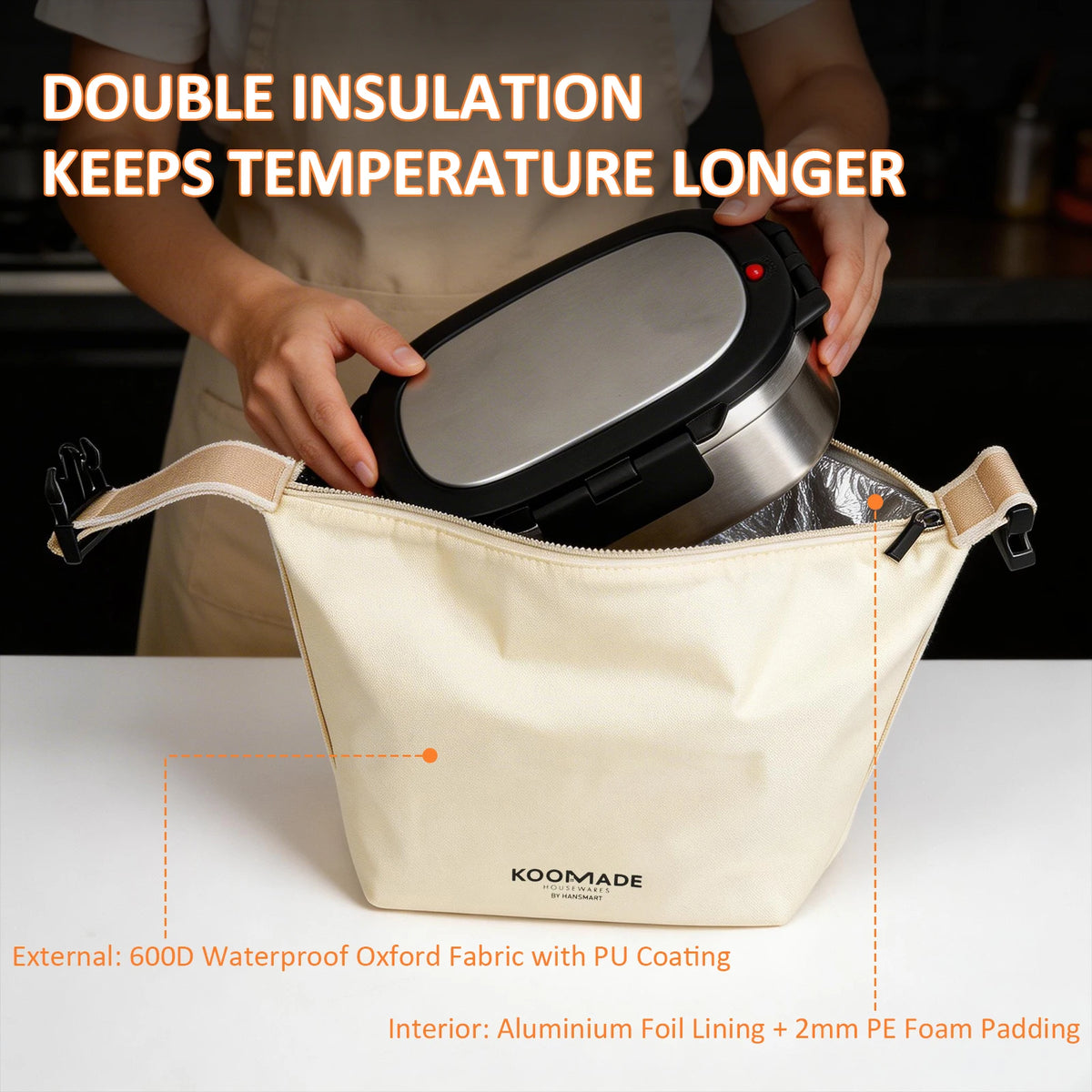 KOOMADE Vacuum Insulated Lunch Box with Thermal Bag 304 Stainless Steel Leakproof Divided Bento Box Keep Warm 4H Cold 8H Portable Food Container for Office Picnic