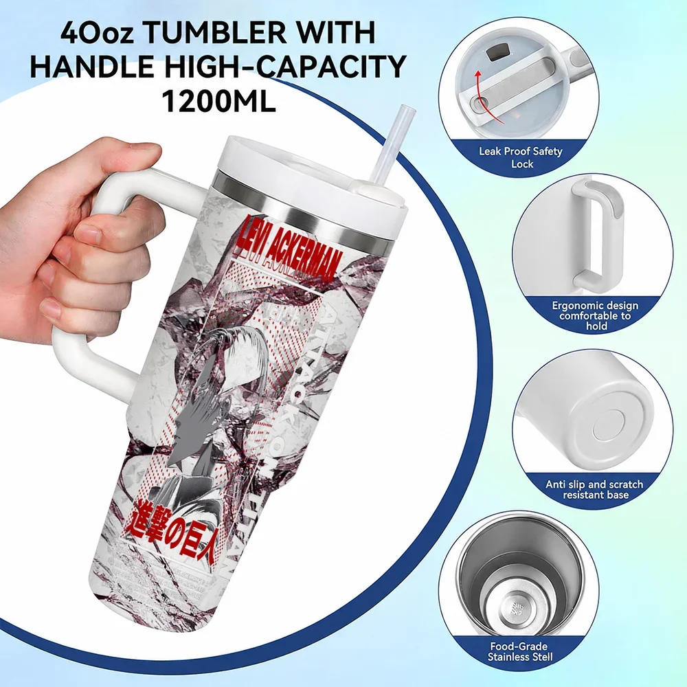 ANIME A-Attack on T-Titan Vacuum Flasks 40oz Stainless Steel Insulated Tumbler with Handle Straw
