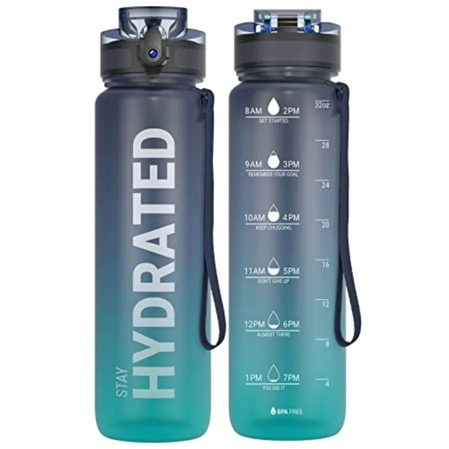Water Bottle 32oz, Durable and Leakproof Water Bottles Motivational with Time Marker, Tritan, BPA Free, Wide Mouth with Easy Cl