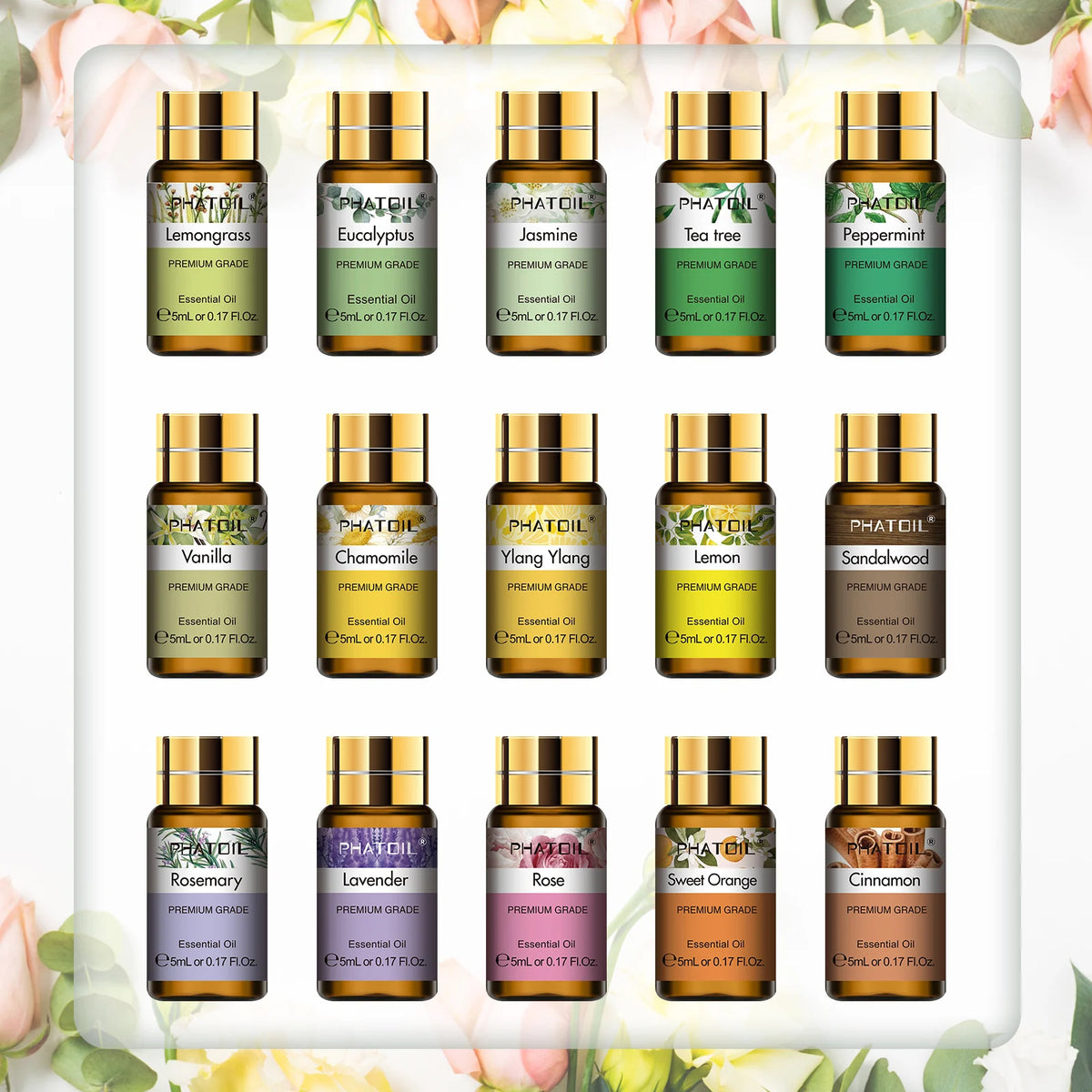 PHATOIL 15PCS Aromatherapy Essential Oil Set For Diffuser Candle Making-5ml Cinnamon Lavender Eucalyptus Peppermint Rose Vanilla