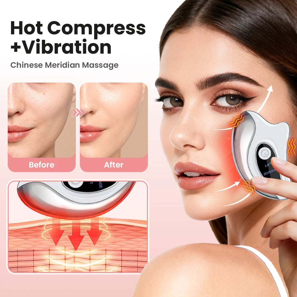 Gua Sha Massager 2-in-1 with Heat & Vibration, USB Rechargeable Facial Beauty Device for Face & Neck, Portable Home Spa Tool with LCD Display