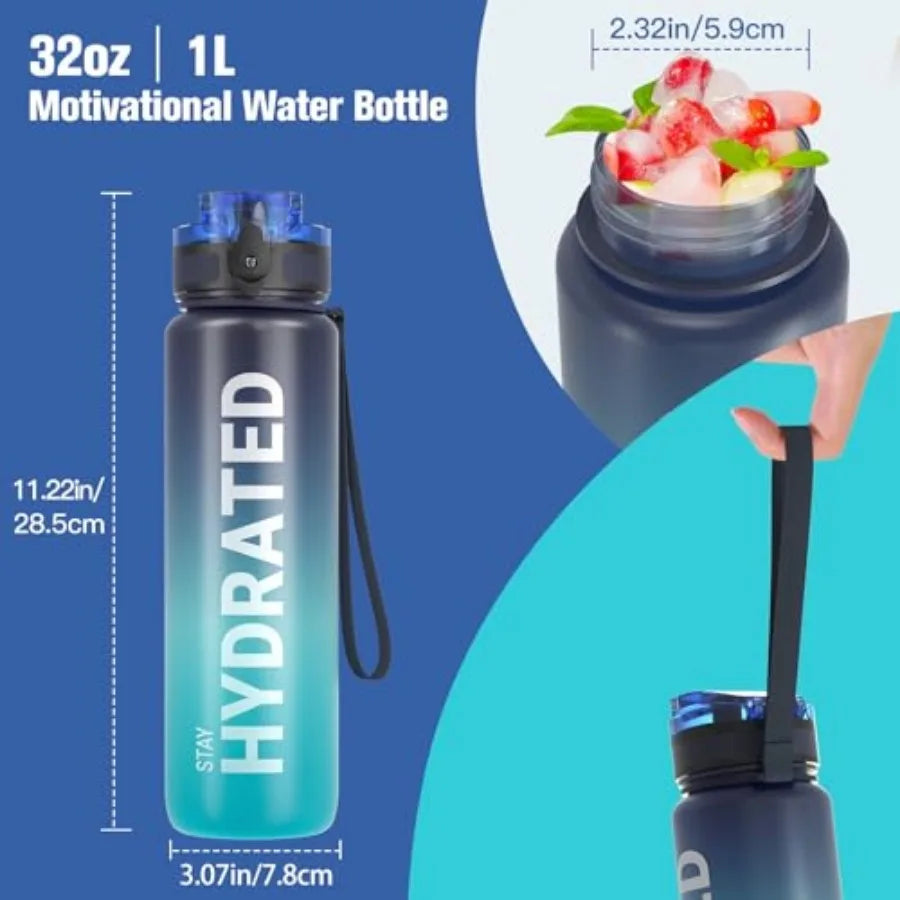 Water Bottle 32oz, Durable and Leakproof Water Bottles Motivational with Time Marker, Tritan, BPA Free, Wide Mouth with Easy Cl