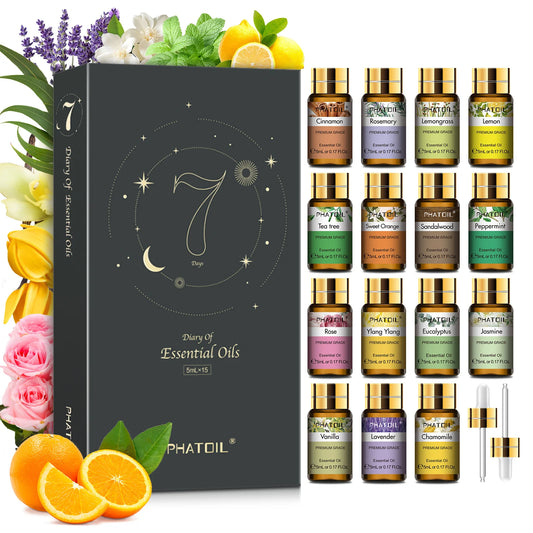 PHATOIL 15PCS Aromatherapy Essential Oil Set For Diffuser Candle Making-5ml Cinnamon Lavender Eucalyptus Peppermint Rose Vanilla