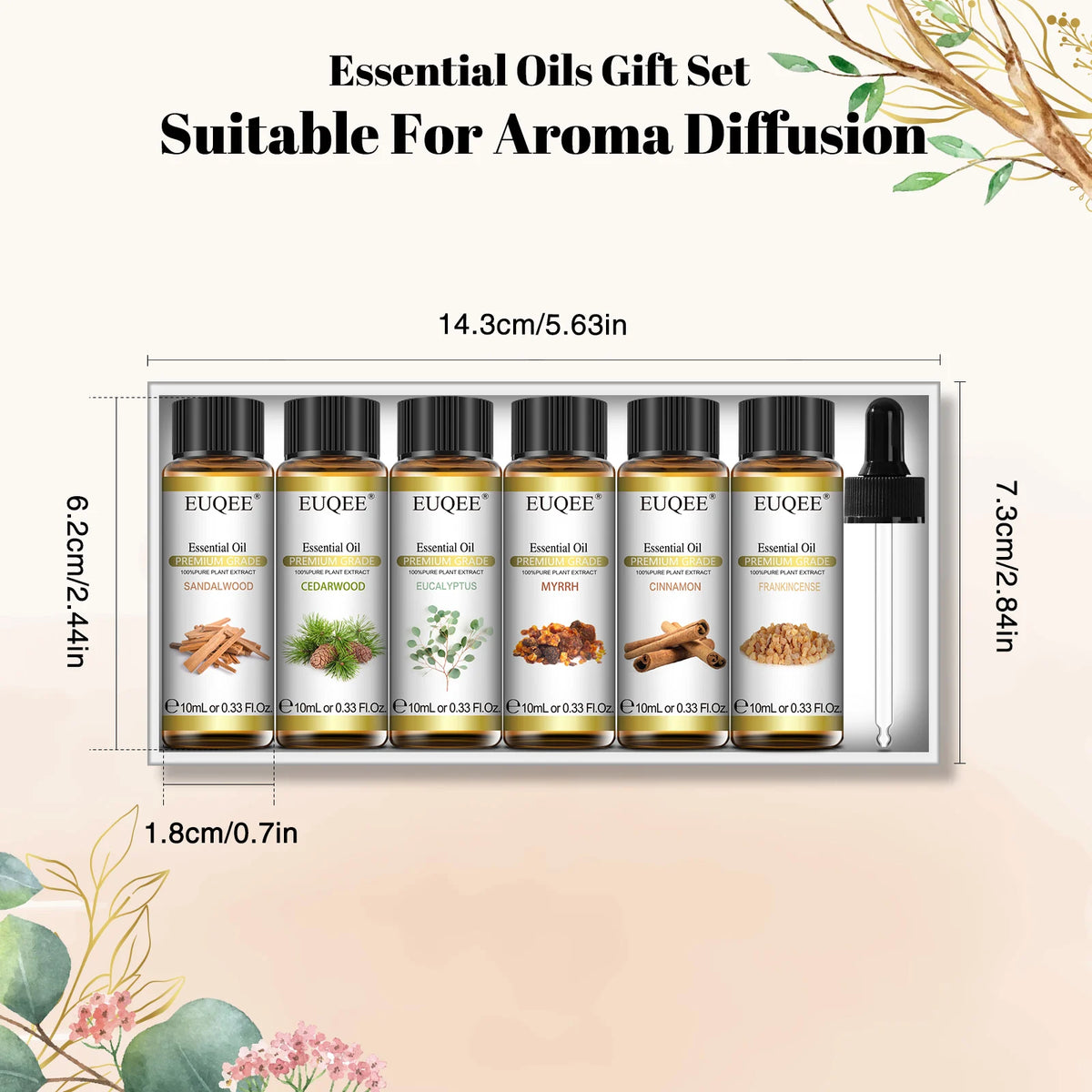 EUQEE 6 Bottles Essential Oil Set 10ml Natural Aromatherapy Oils For Diffuser,Humidifier,Car Diffusion,Candle & Soap Making