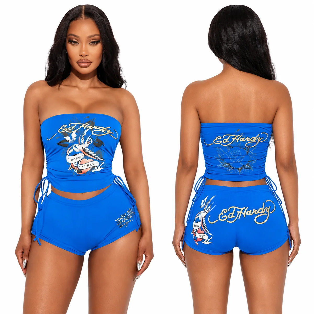 English: Women 2 Piece Y2K Outfits Vintage Tattoo Graphic Strapless Tube Top High Cut Shorts Set Adjustable Drawstring Ruched Crop Top Casual Going Out Tracksuit